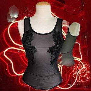 Black embroidered mesh body suit
